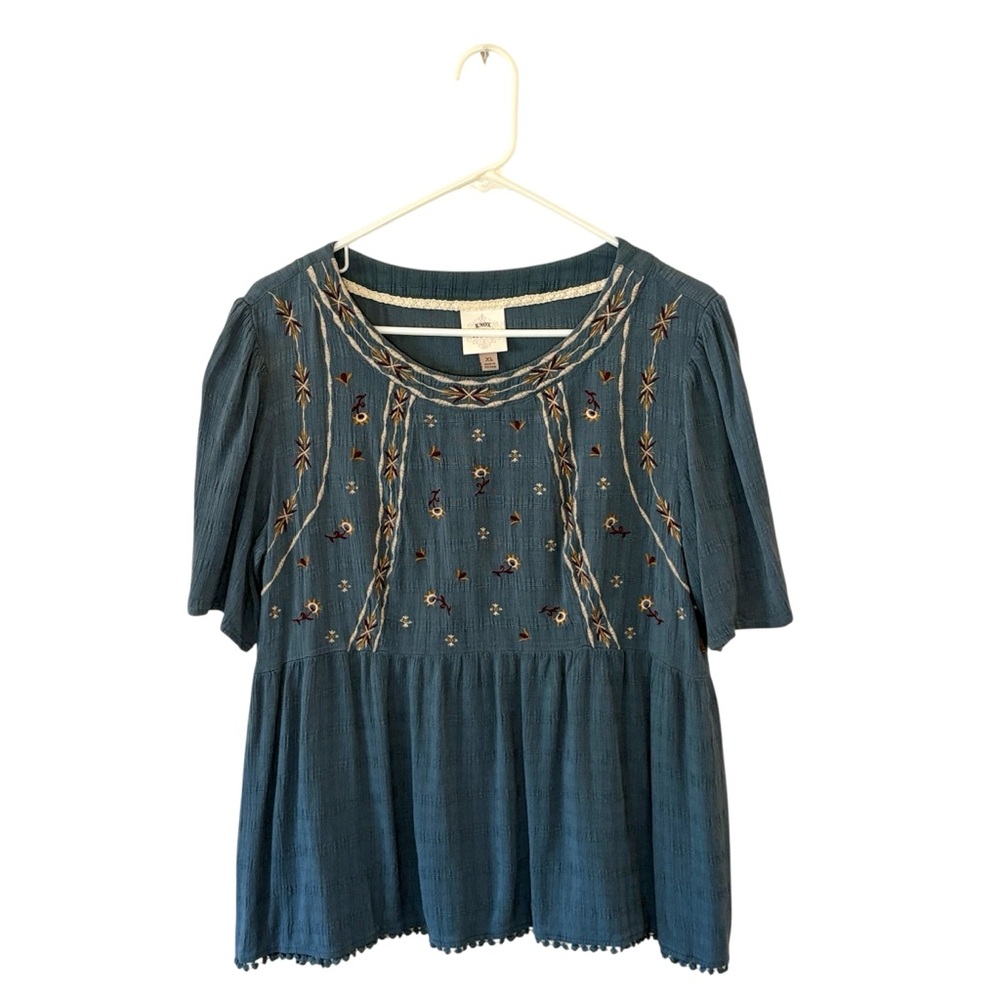 NAME YOUR PRICE • Knox Rose Blue Boho Embroidered Babydoll Blouse Top Size XL